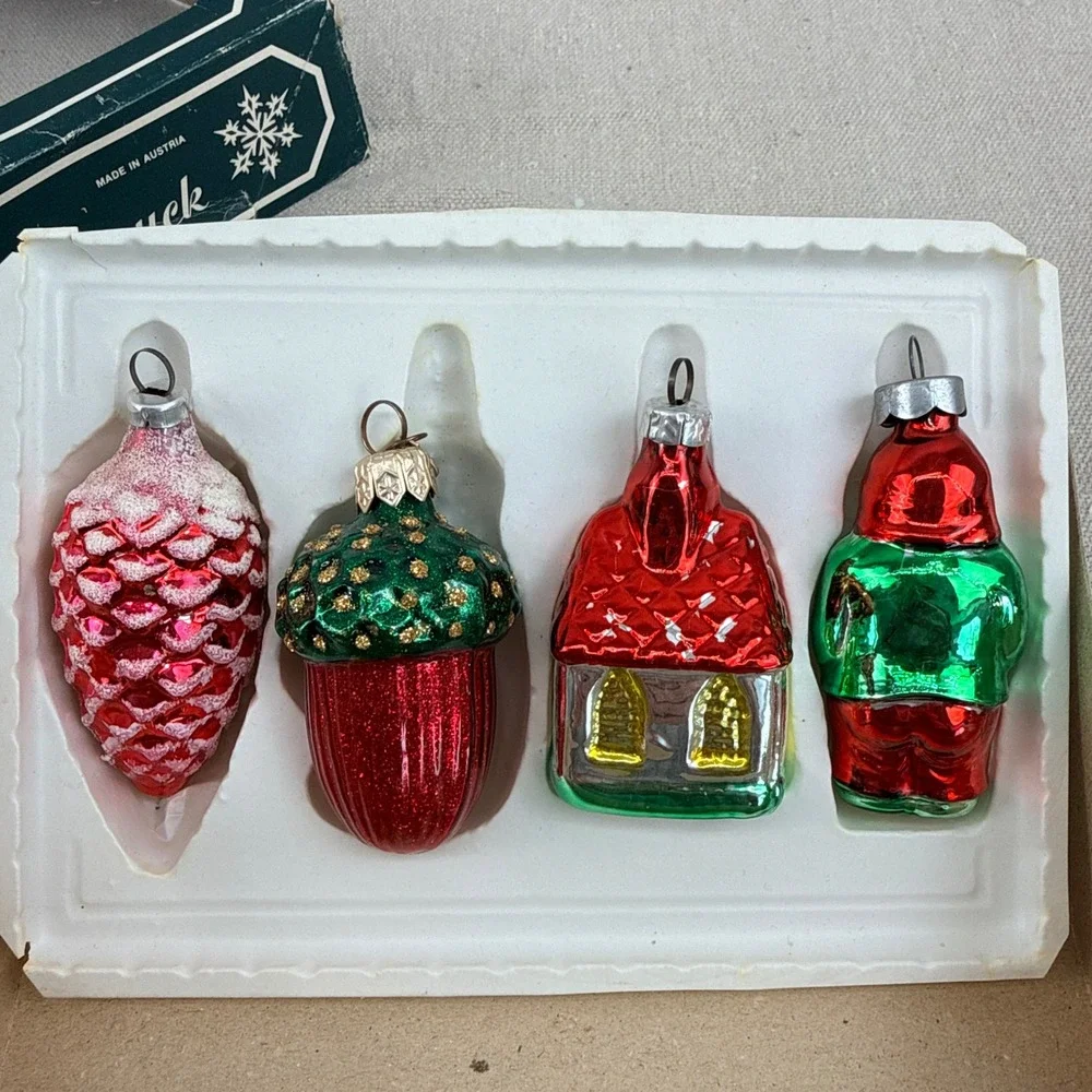 Vintage Austrian Glas-Baumschmuck Blown Glass Christmas Ornaments Set of 4 Boxed